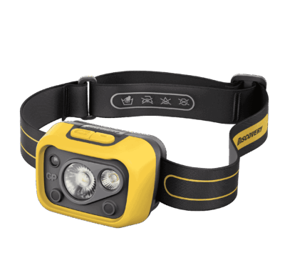 Lampe frontale rechargeable grise avec détails jaunes de GP Batteries